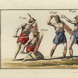 Samnite gladiators fighting with swords (gladius)