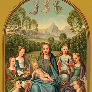 Virgin Mary and Baby Jesus, surrounded by saints