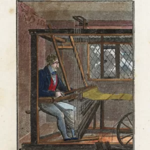 A weaver weaving fabric on a loom in a cottage