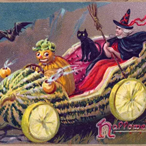 Witch, cat and chauffeur on a Halloween postcard