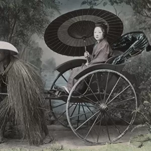 Woman with parasol, rickshaw pulled by man in grass coat