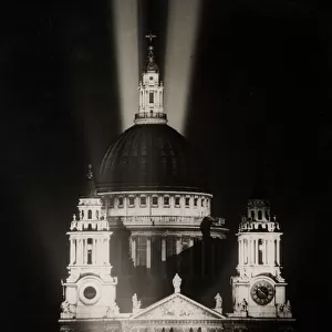 WW II 1945 St Pauls Cathedral, London, lit up on VE night