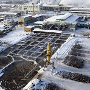 Aerial view of a Siberian sawmill
