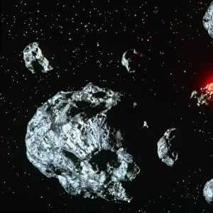 Artwork of manned space probe amongst asteroids