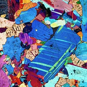 Polarised LM of a thin section of gabbro rock