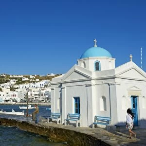 Blue church and old harbour, Mykonos Town, Chora, Mykonos Island, Cyclades