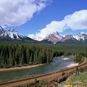 Bow River and railway at Morants Curve, from Bow Valley Parkway, Banff National Park