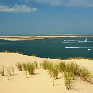 Sand banks, motor and sailing boats, Bay of Arcachon, Cote d Argent