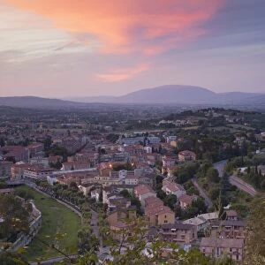View of Church of St. Ponziano and Spoleto at sunset, Spoleto, Umbria, Italy, Europe