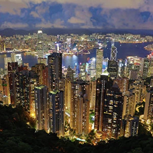 Victoria Harbour and Skyline from Victoria Peak at night, Hong Kong, China