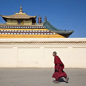 MONGOLIA, Ulaanbaatar, Monk at Gandan (Gandantegchenling) Monastery