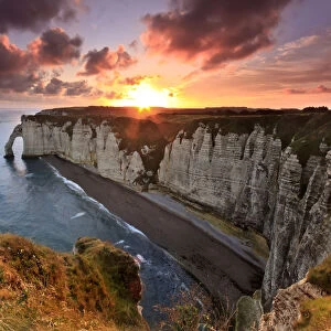 Sunrise over the cliff of Etretat in Normandy, France