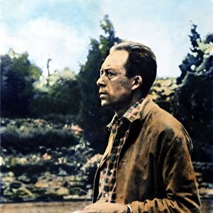 ALBERT CAMUS (1913-1960). French novelist, essayist, and playwright. Oil over a photograph, n. d