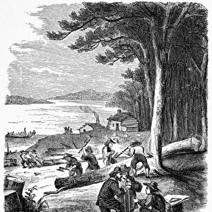 BLOCK: SHIPBUILDING, 1614. Captain Adriaen Block and the shipwrecked crew of the Tyger building Onrust, the first decked vessel built in North America, near New York. Wood engraving, 19th century