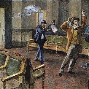 Charles J. Guiteau shooting President James A. Garfield at the old Baltimore & Potomac R. R. station in Washington, D. C. on 2 July 1881;at right is Secretary of State James G. Blaine: contemporary colored engraving