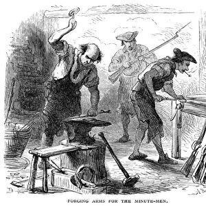 Colonial blacksmiths forging muskets for the minutemen at the outbreak of the American Revolutionary War. Wood engraving, 19th century