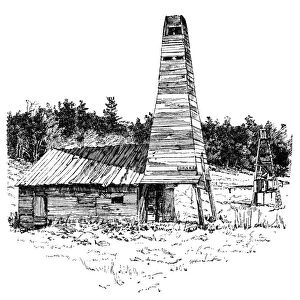 EDWIN DRAKE (1819-1880). The Drake Well. American pioneer in oil industry. Oil well drilled by Edwin Drake in Titusville, PA. Wood engraving, 1886