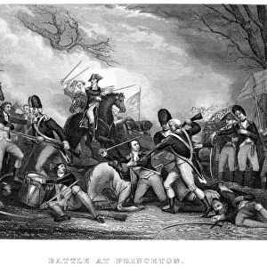 General George Washington at the Battle of Princeton, New Jersey, 3 January 1777. Steel engraving after John Trumbull