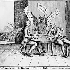 HOWE BROTHERS CARTOON, 1776. The Conference between the Brothers How to get Rich. English cartoon comment, c1776, on the Howe brothers, William, commander of the British army in America, and Richard, commander of the British Navy