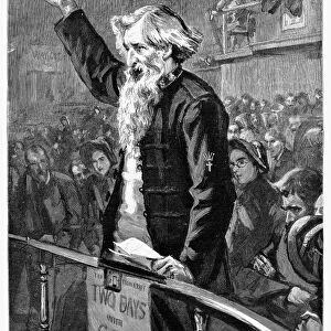Known as General Booth. English religious leader and founder of the Salvation Army. In Darkest England - General Booth Lecturing on his Emigration Scheme. Wood engraving, English, 1891