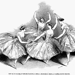 MARIE TAGLIONI (1804-1884). Italian ballet dancer. Performing a pas de quatre at Her Majestys Theatre, London, England, in 1845. Wood engraving from a contemporary English newspaper
