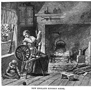 NEW ENGLAND: FAMILY LIFE. An early 18th century New England kitchen scene. Wood engraving, American, 19th century