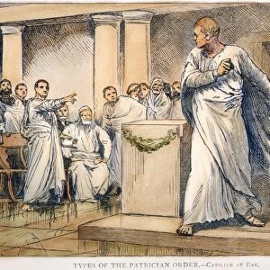 ROMAN SENATE: CATILINE. Cicero denounces Catiline (c108-62 B. C. ) in the Senate. Line engraving, 19th century