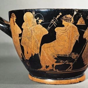 Attic skyphos signed by potter Hieron and attributed to Makron, side B with Embassy to Achilles, circa 480 B. C