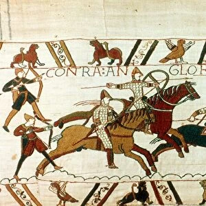 Bayeux Tapestry 1067: Battle of Hastings, 14 October 1066. Norman cavalry with spears and shields