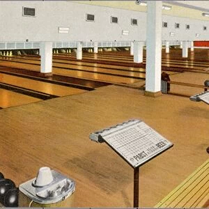 Empty Bowling Alleys. ca. 1942, Chicago, Illinois, USA, Chicagos Largest The BENSINGER RECREATION 64 B. B. C. CO. Streamlined Bowling Alleys, 50 Billiard, Pocket Billiard and English Billiard Tables. Free Bowling Instructions by Lady Instructress Daily 1 p. m. to 5 p. m. Monday to Friday inclusive. NORMAN E. BENSINGER & CO. 131 S. WABASH AVE. Corner Adams St. CHICAGO, ILL