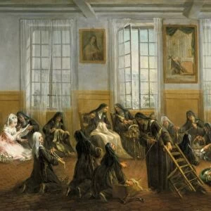 Carmelite nuns at St Denis, 18th century. Some sit in front of the fire, while others spin and sew