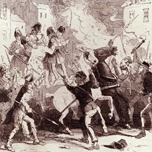 Chartist riots in Birmingham, 15 July 1839. Illustration from Camden Pelham The Chronicles