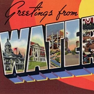 Greeting Card from Waterloo, Iowa. ca. 1941, Waterloo, Iowa, USA, W-Blackhawk County Court House: A-East Waterloo High School: T-The Rath Packing Company: E-East Fourth Street: R-Arena: L-John Deere Tractor Company: O-New Park Avenue Bridge: O-West Waterloo High School. The Annual Dairy Cattle Congress, National Belgian Horse Show and Allied Exhibits held annually at Waterloo, Iowa, is one of the great national livestock expositions in the U. S