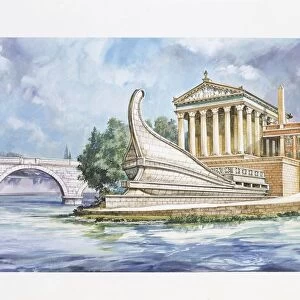 Lazio, Rome, Reconstruction of Tiber Island, illustration
