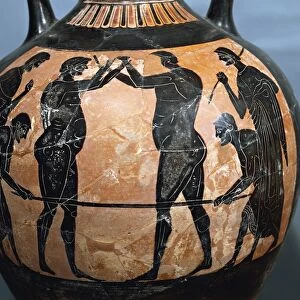 Panathenaic black-figure amphora, from a tomb of a great athlete, (detail of a fighting scene)