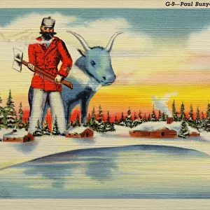 Paul Bunyan and Babe, the Blue Ox Postcard. ca. 1938, Paul Bunyan, mythical character of American logging camps, and Babe, his big blue ox, are familiar to woodsmen and outdoorsmen throughout North America. Paul is credited with performing such feats as logging off North Dakota in one winter, and Babe created the 10, 000 lakes in Minnesota when he broke out of camp one night and ran all over the northern part of the state, his tracks filling with water. These and many other feats of strength Paul accomplished in Michigan, Wisconsin and Minnesota lumber camps