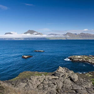 Coastline, Kalsoy island at back, Djupini, Gjogv, Eysturoy, Faroe Islands, Denmark