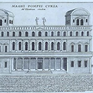 Curia di Pompeo, The Curia of Pompey, sometimes referred to as the Curia Pompeia, was one of several named assembly rooms from Republican Rome of historical importance, 1625, Rome, Italy, digital reproduction of an 18th century original