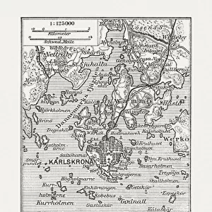 Historic map of Karlskrona and surroundings, wood engraving, published 1897