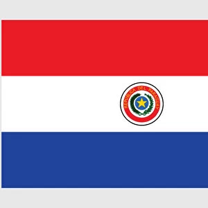 Illustration of flag of Paraguay, with three equal, horizontal red, white, and blue bands, national coat of arms of Paraguay, and five-pointed gold in centre