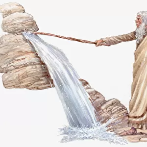 Illustration Moses striking rock with rod as water flows