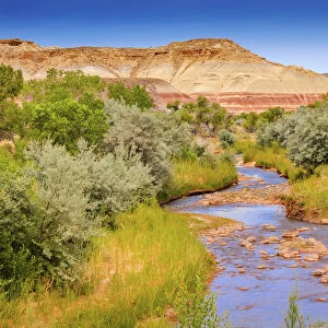 Red White Sandstone Mountain and Fremont River, Capitol Reef National Park, Torrey, Utah, USA