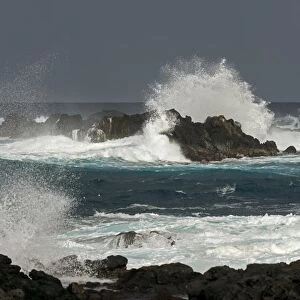 Surf on the coast during an approaching storm over the Pacific, Easter Island, Chile