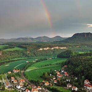 View from the Bastei rock formation, stormy mood, Saxon Switzerland National Park, Saxon Switzerland region, Saxony, Germany