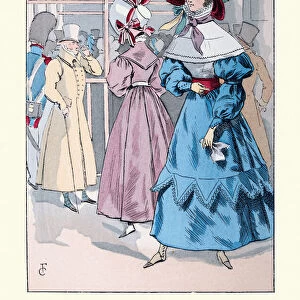 Vintage fashion of Paris, Woman wearing blue frilly dress and large hat