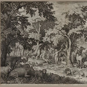Adam and Eve in the Garden of Eden surrounded by trees and wildlife (engraving)