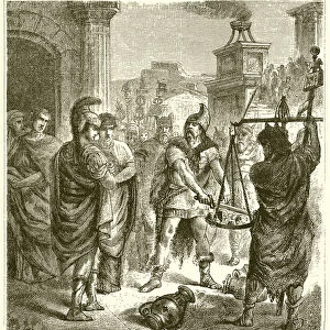 Brennus throwing his Sword into the Scale (engraving)