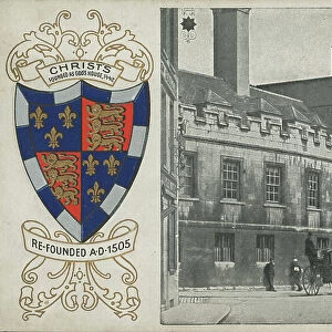 Christs College Cambridge, Cambridgeshire and its coat of arms (b / w photo)