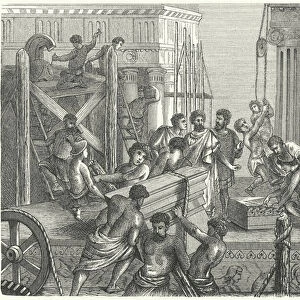 Construction of a temple on the Acropolis, Athens (engraving)