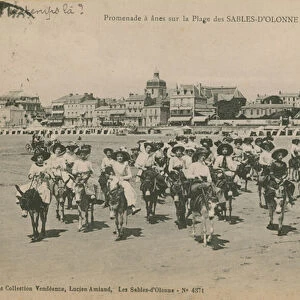 Donkey rides on the beach at Les Sables-d Olonne in western France. Postcard sent in 1913
